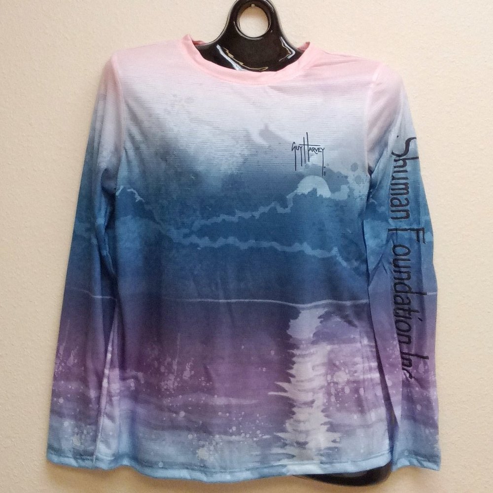 Guy Harvey Long Sleeve Swim Shirt, Pink/Blue/Violet Women's Size Medium.